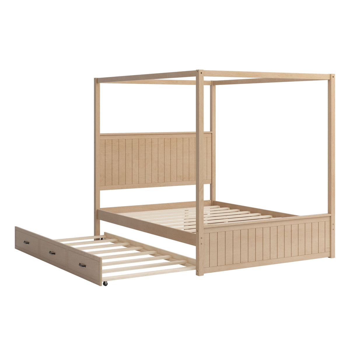 Canopy Platform Bed with Trundle and 3 Storage Drawers - Queen, Solid Pine