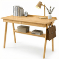 Solid Wood Writing Desk with Drawers & Storage Shelf - Mid Century Modern