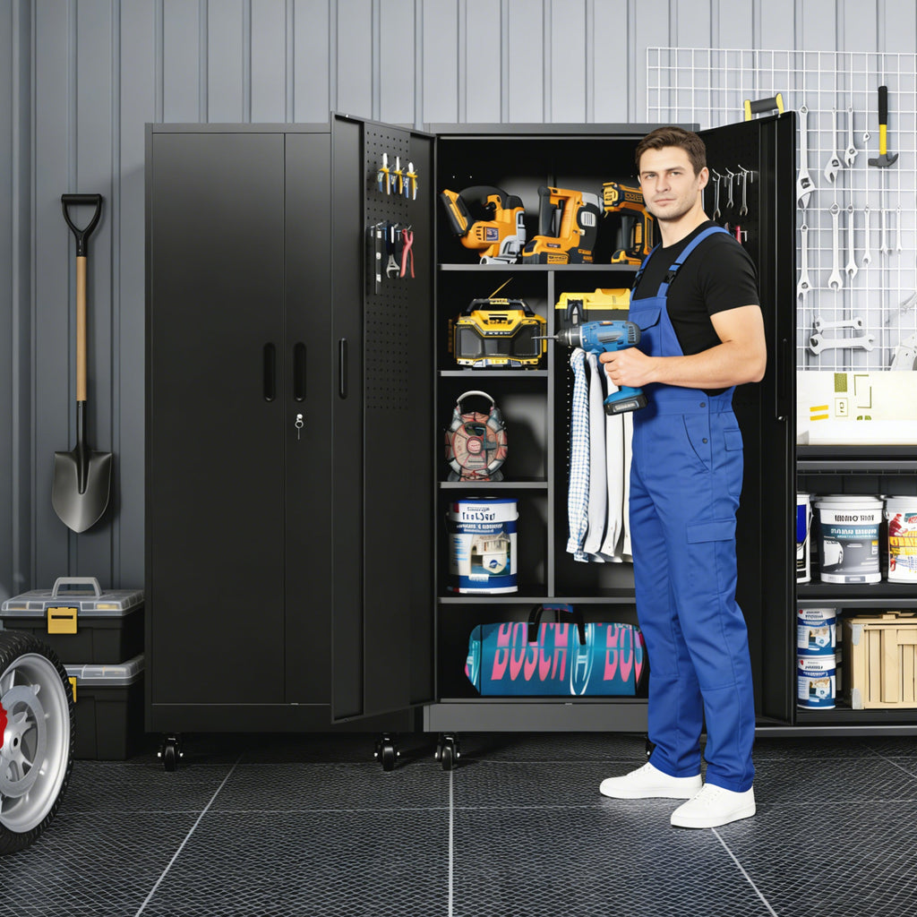 Rolling Metal Storage Locker Cabinet with Lockable Doors - Steel