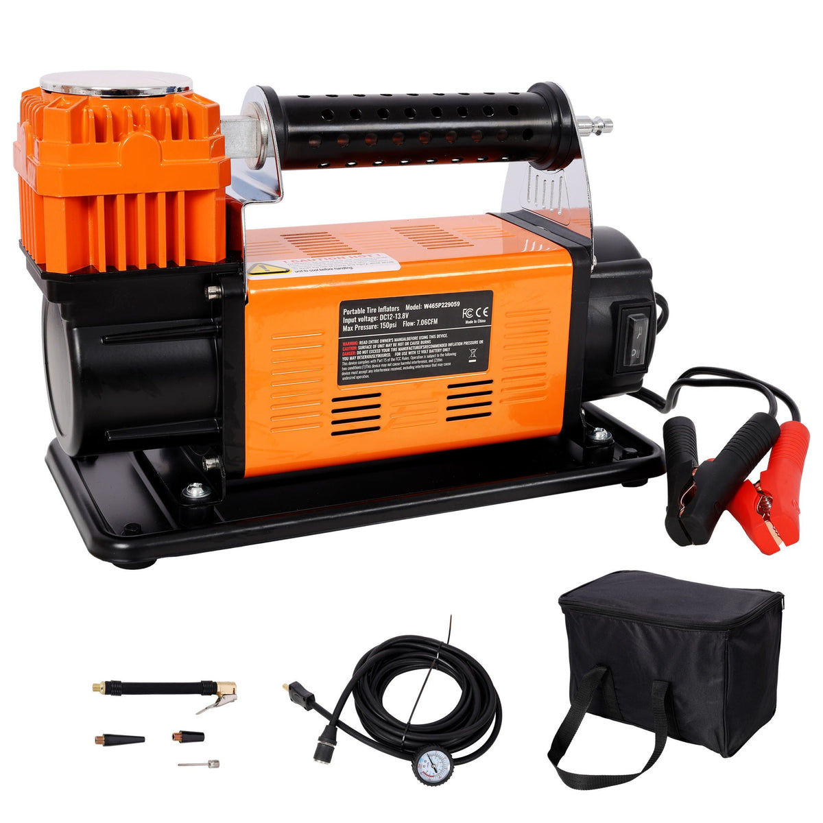 Heavy Duty 12V Air Compressor with Pressure Gauge – Black / Orange