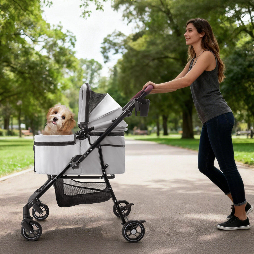 Foldable 4-Wheel Pet Stroller with Adjustable Canopy - Grey