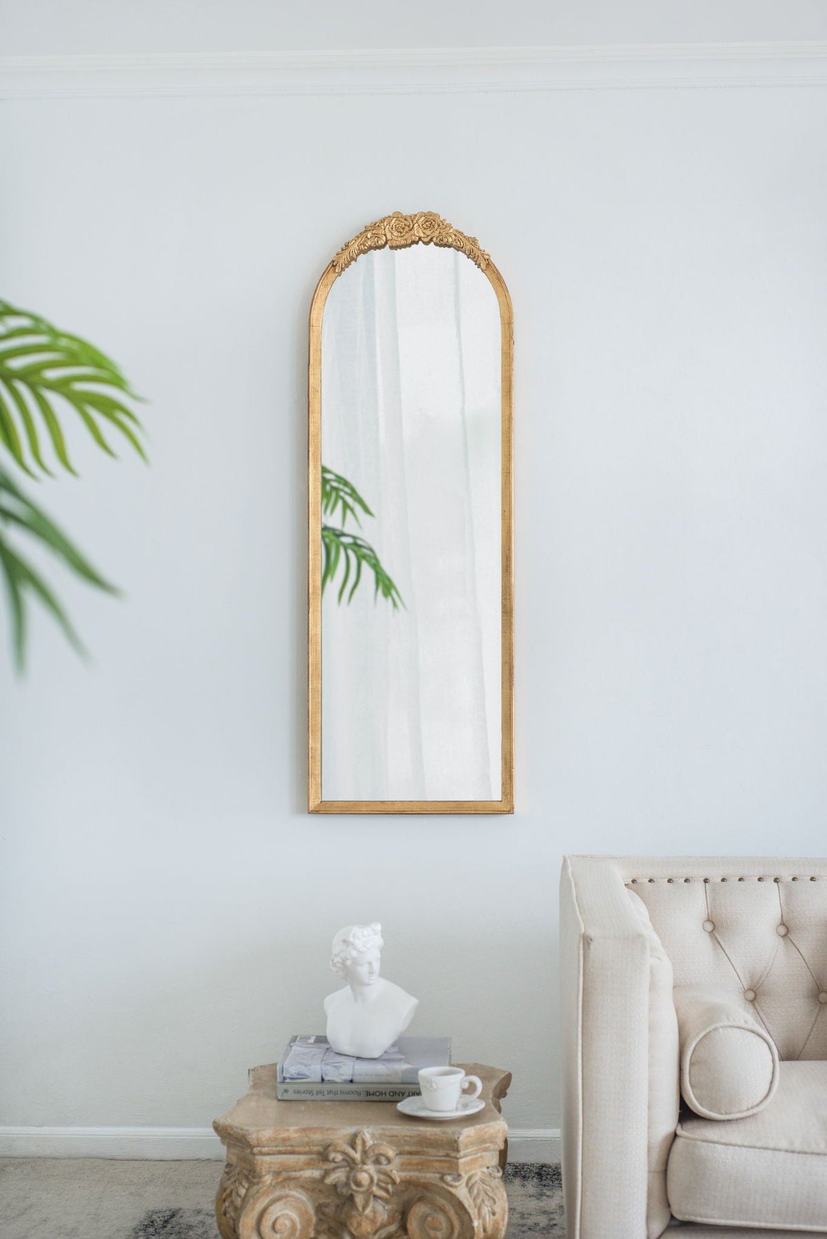 Gold Arched Floor Mirror with Wood Frame - Full Body