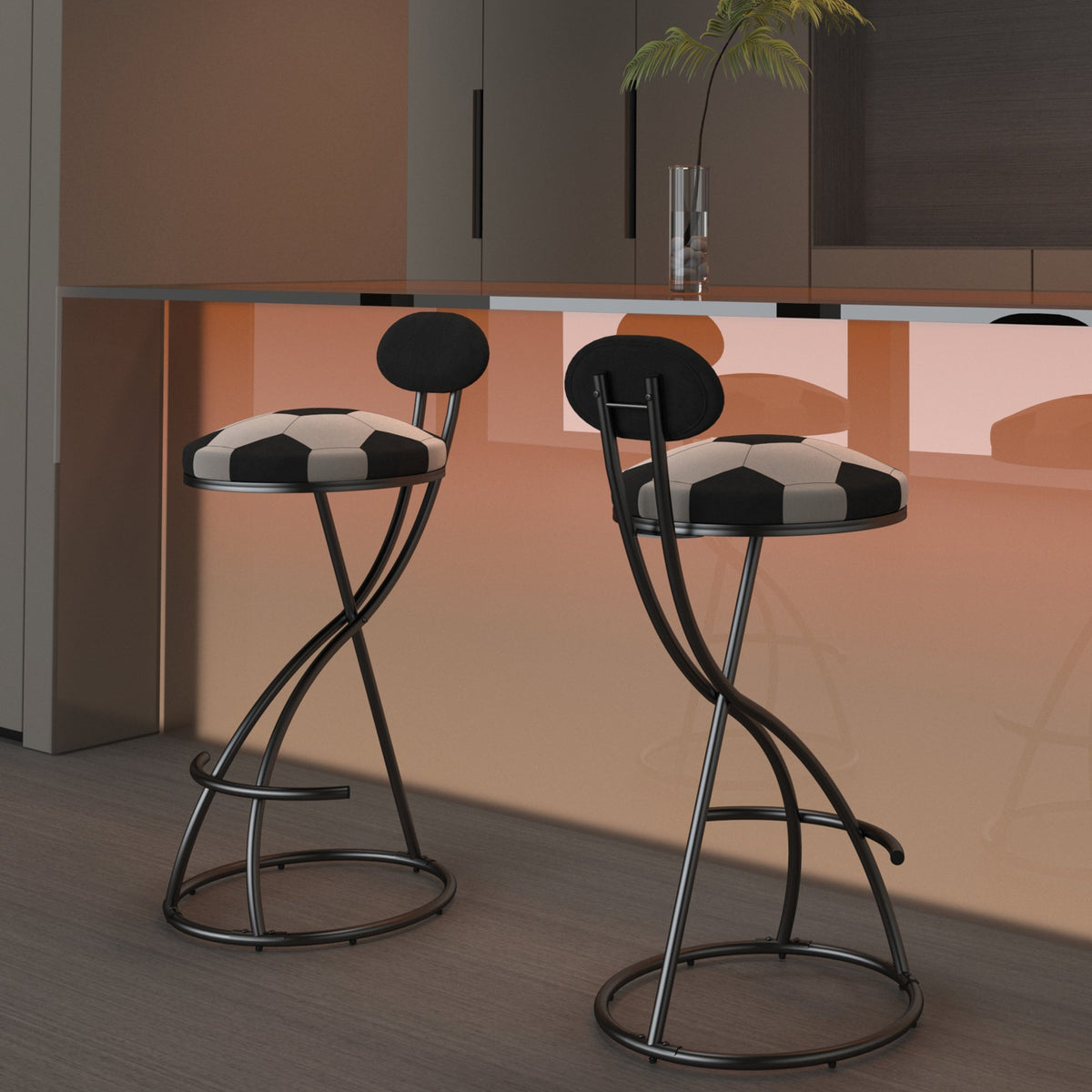 Upholstered S-shaped Barstools Set of 2 with Velvet Football Print - Black