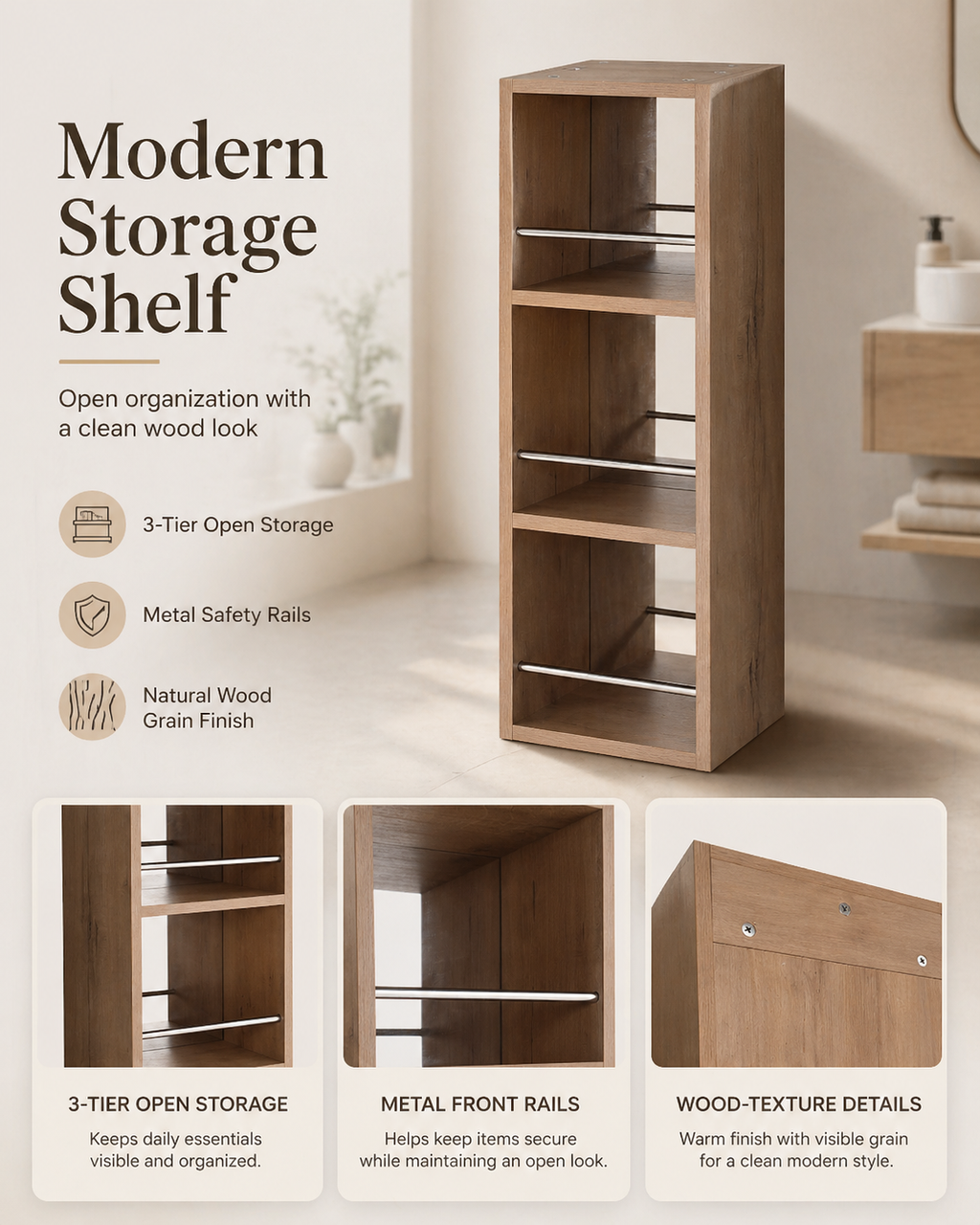 10'' Wall Mounted Bathroom Mirror Cabinet with Open Storage - Imitative Oak