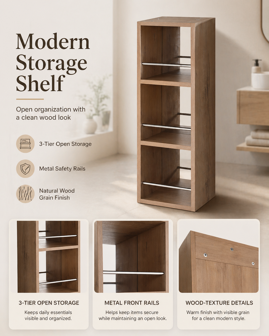 10'' Wall Mounted Bathroom Mirror Cabinet with Open Storage - Imitative Oak