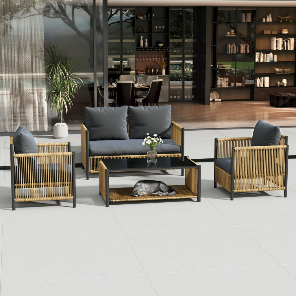 Patio 4-Piece Wicker Sofa Set with Grey Cushions - Brown