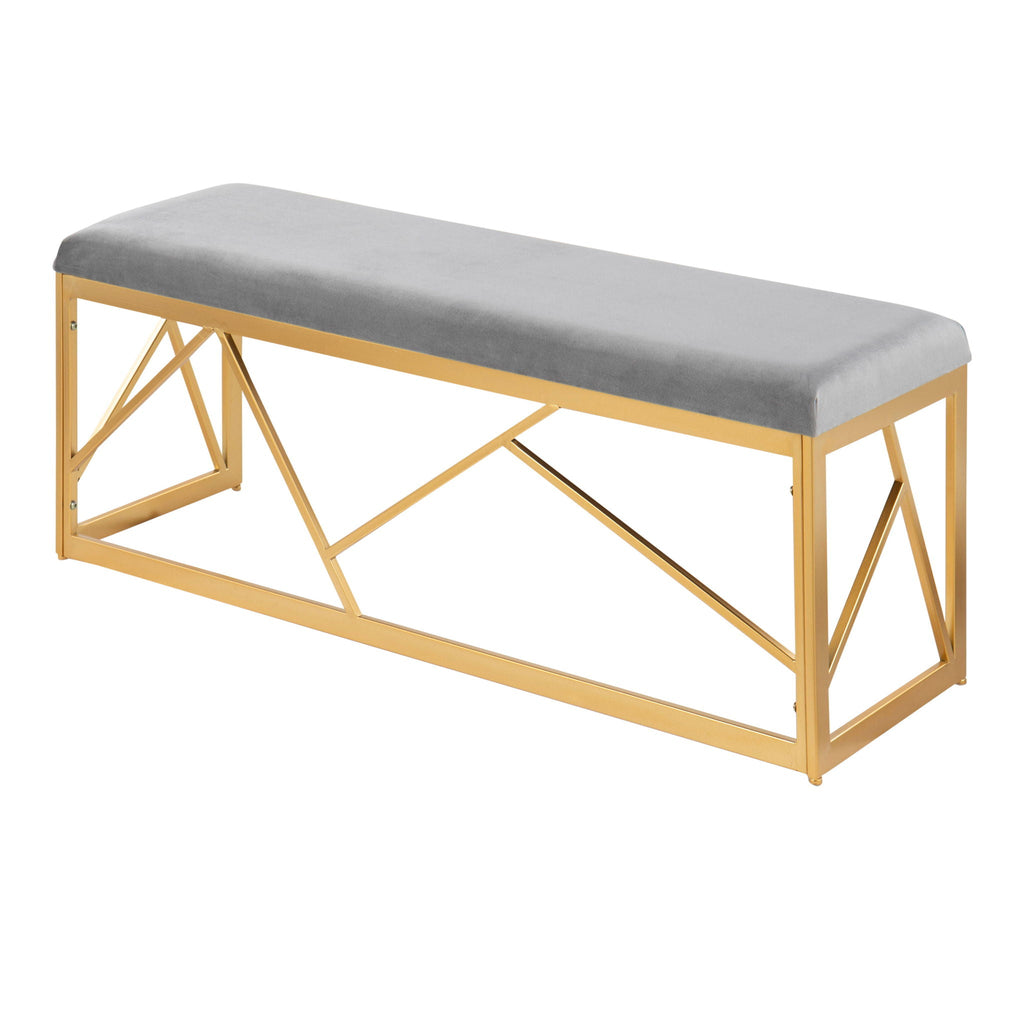 Glam Upholstered Bench with Geometric Metal Frame - White or Gray