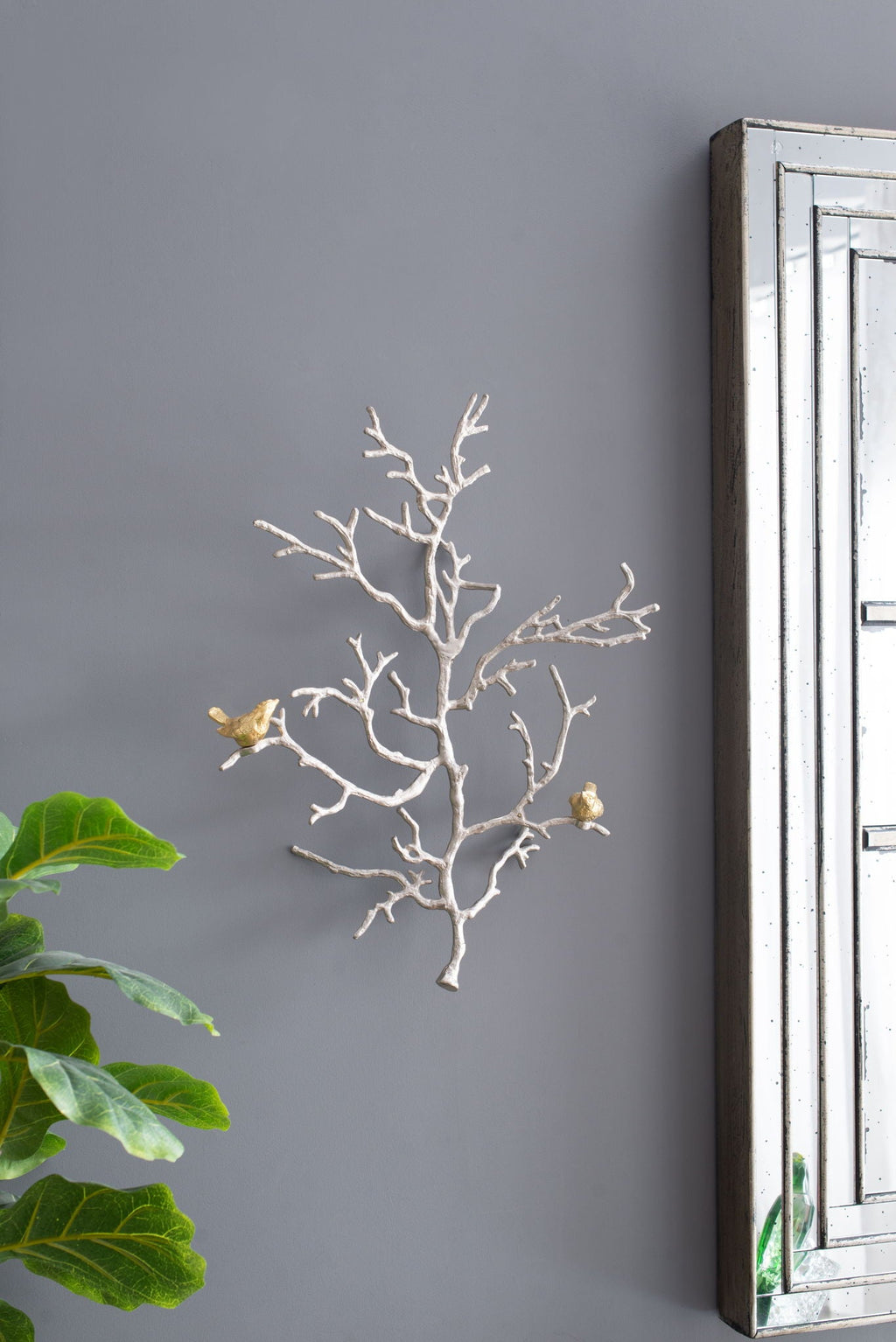 Metal Branch Wall Sculptures with Bird Accents - Silver Multi