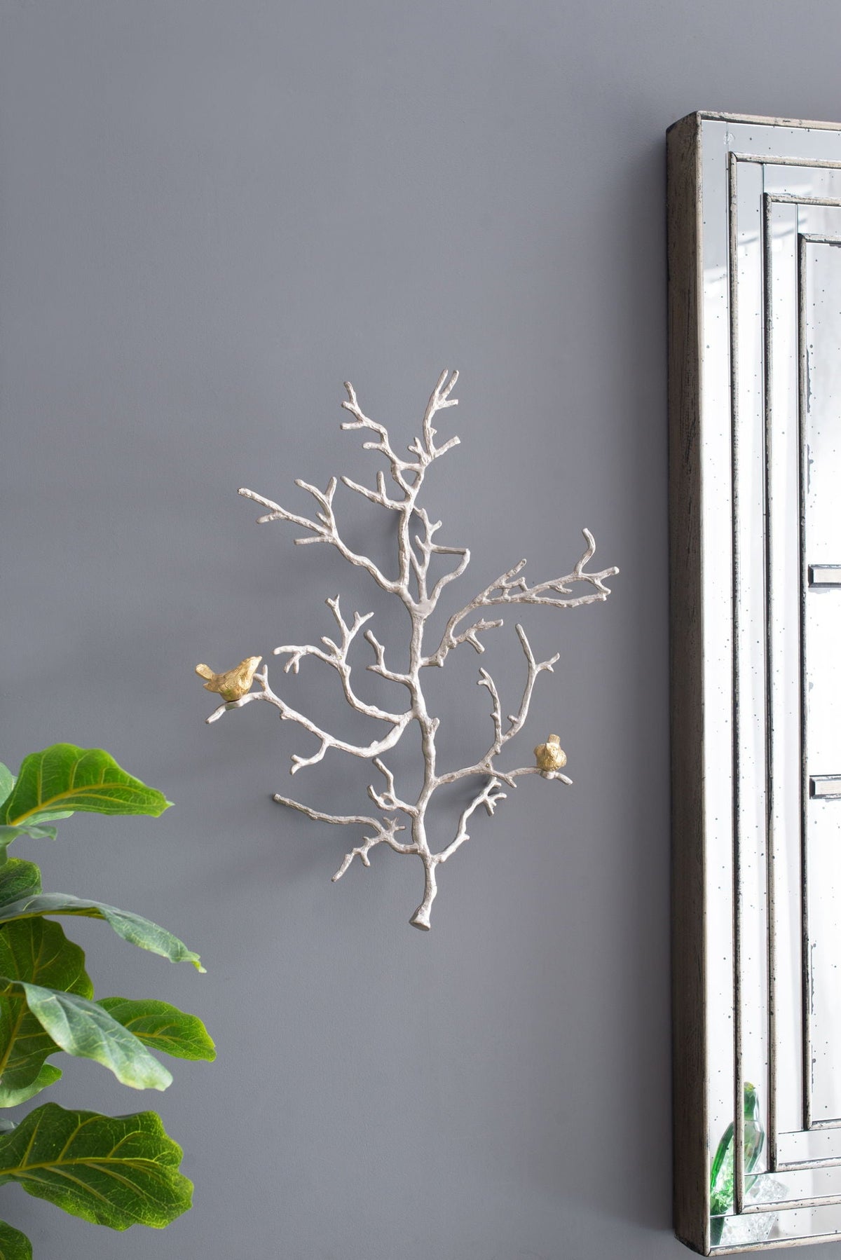 Metal Branch Wall Sculptures with Bird Accents - Silver Multi