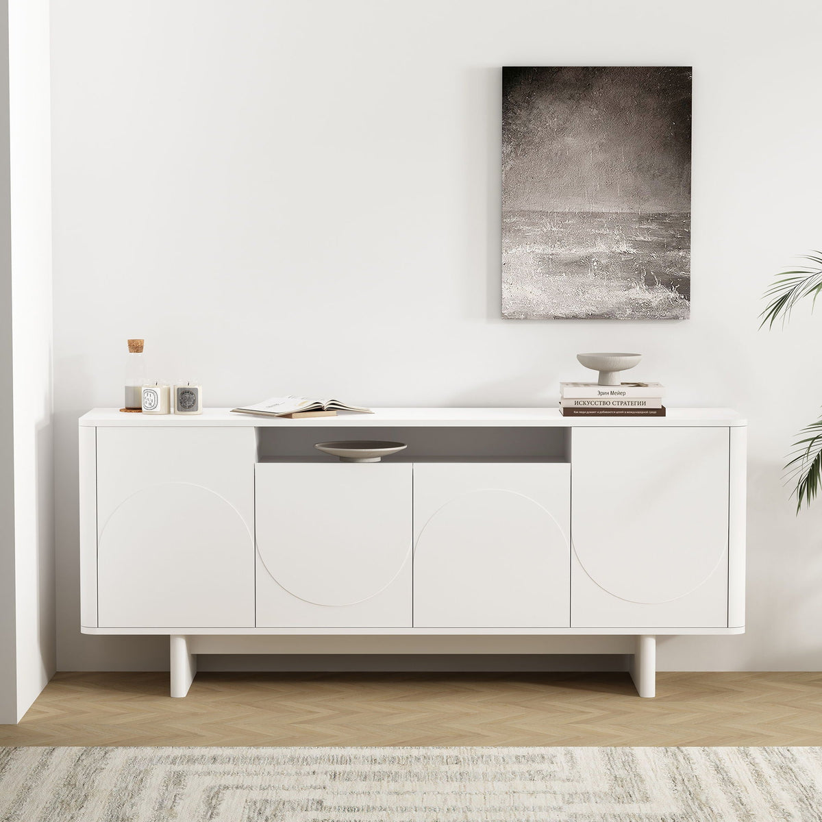Sideboard With Adjustable Shelves and Soft Close Doors - White, Light Brown, Green