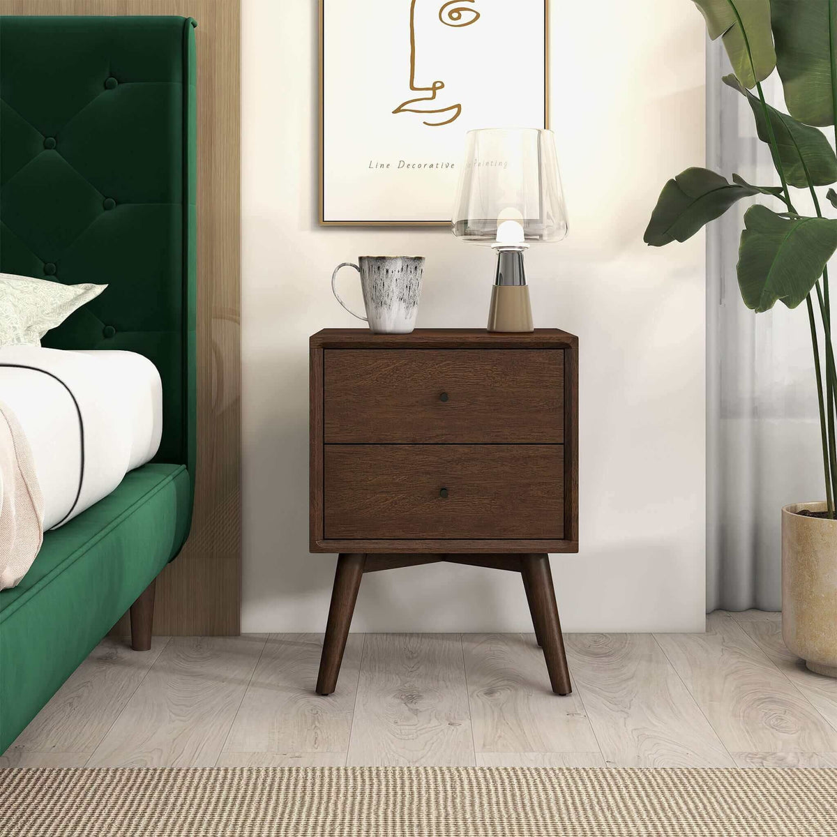 Mid-Century Modern Night Stand with 2 Drawers - Dark Brown or White