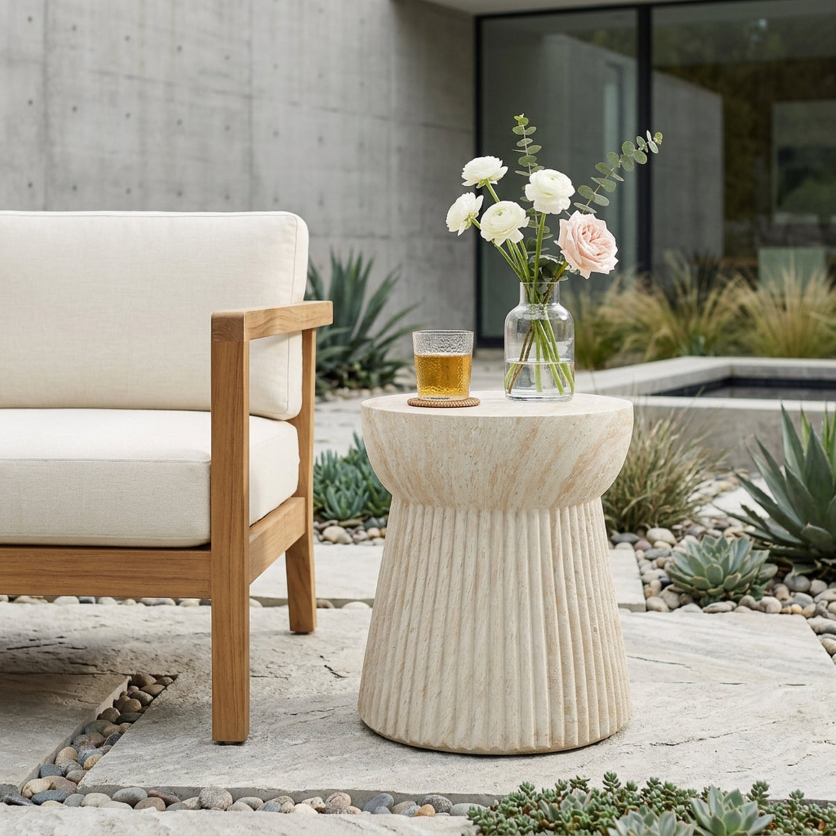 Outdoor Travertine Concrete Side Table with Durable Construction - Concrete