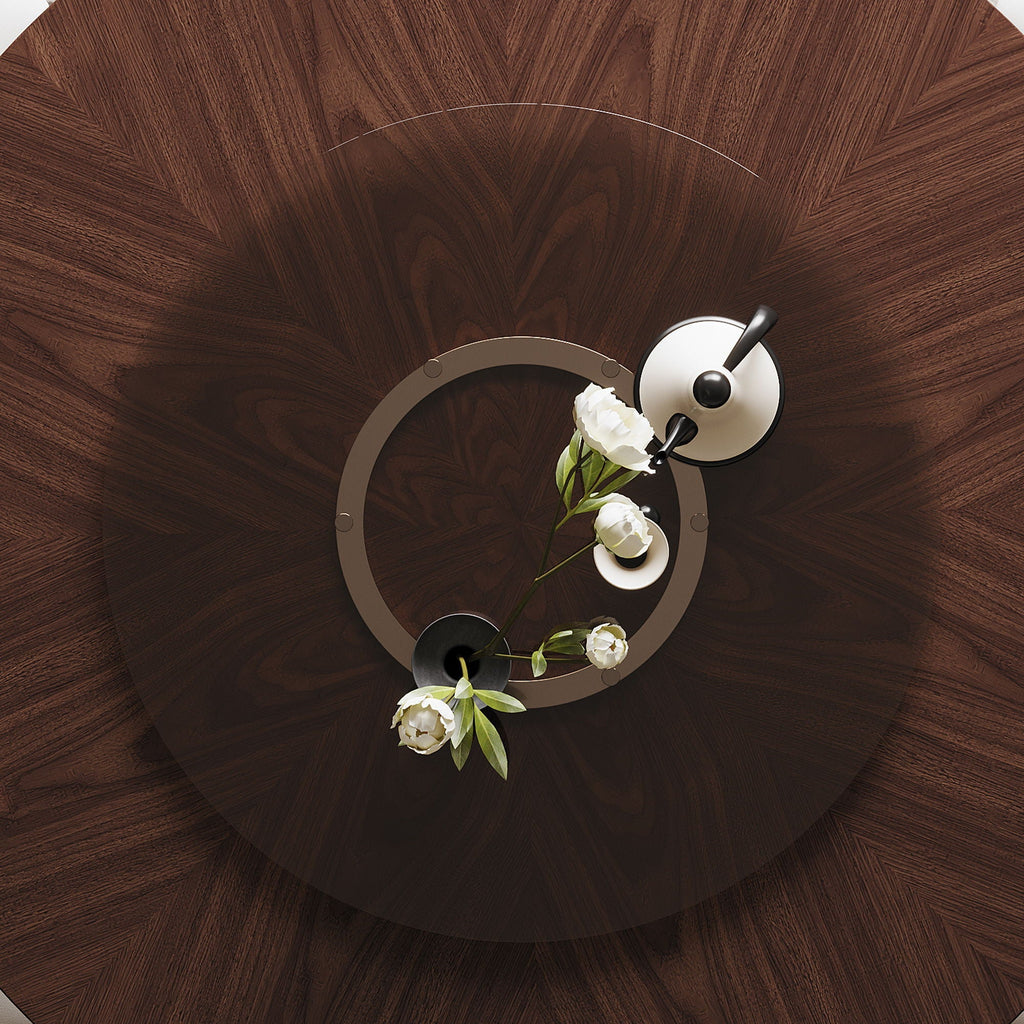 Round Walnut Dining Table with Glass Lazy Susan - Solid Oak