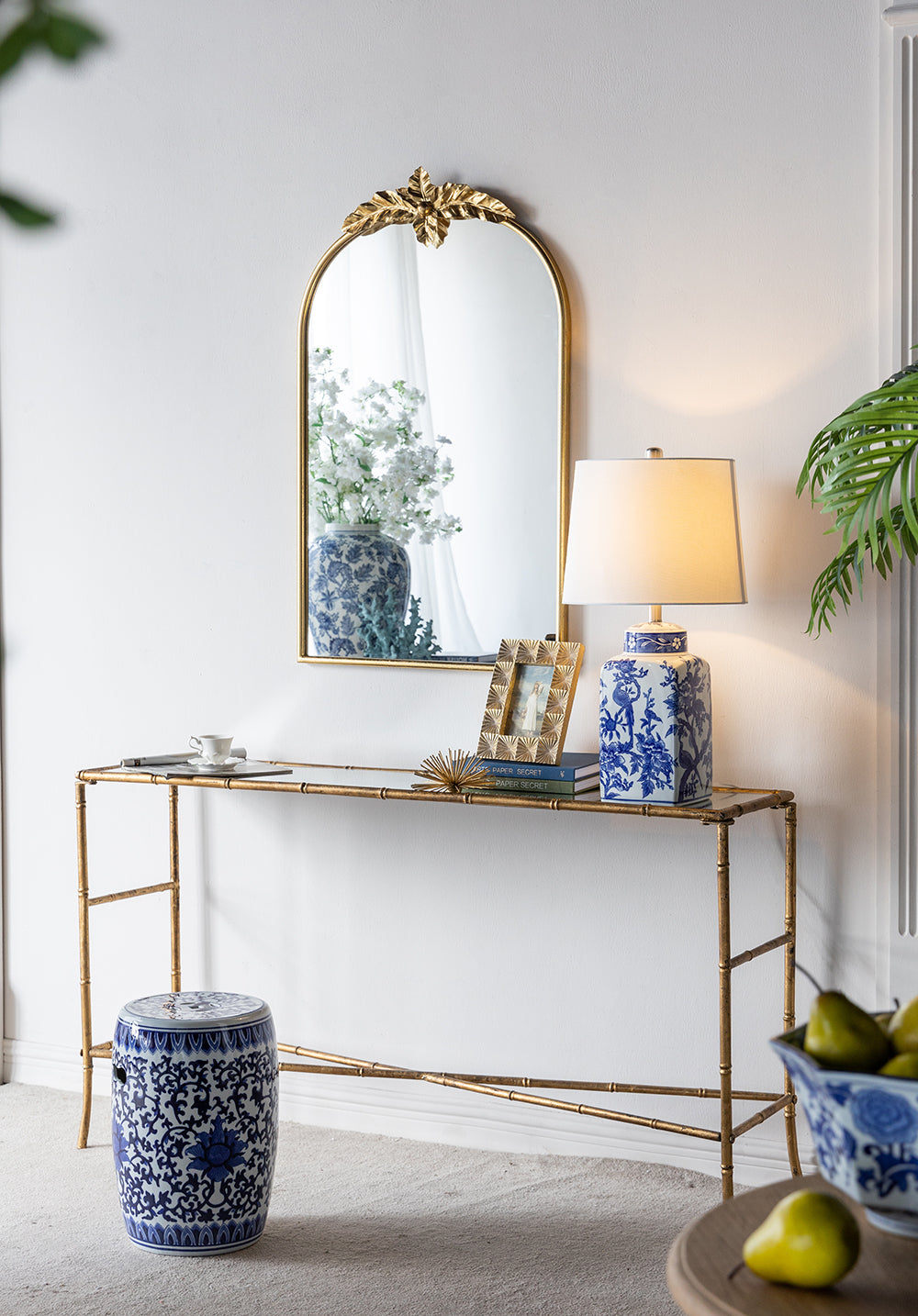 Blue and White Ceramic Vase Table Lamp with Linen Shade - White + Blue