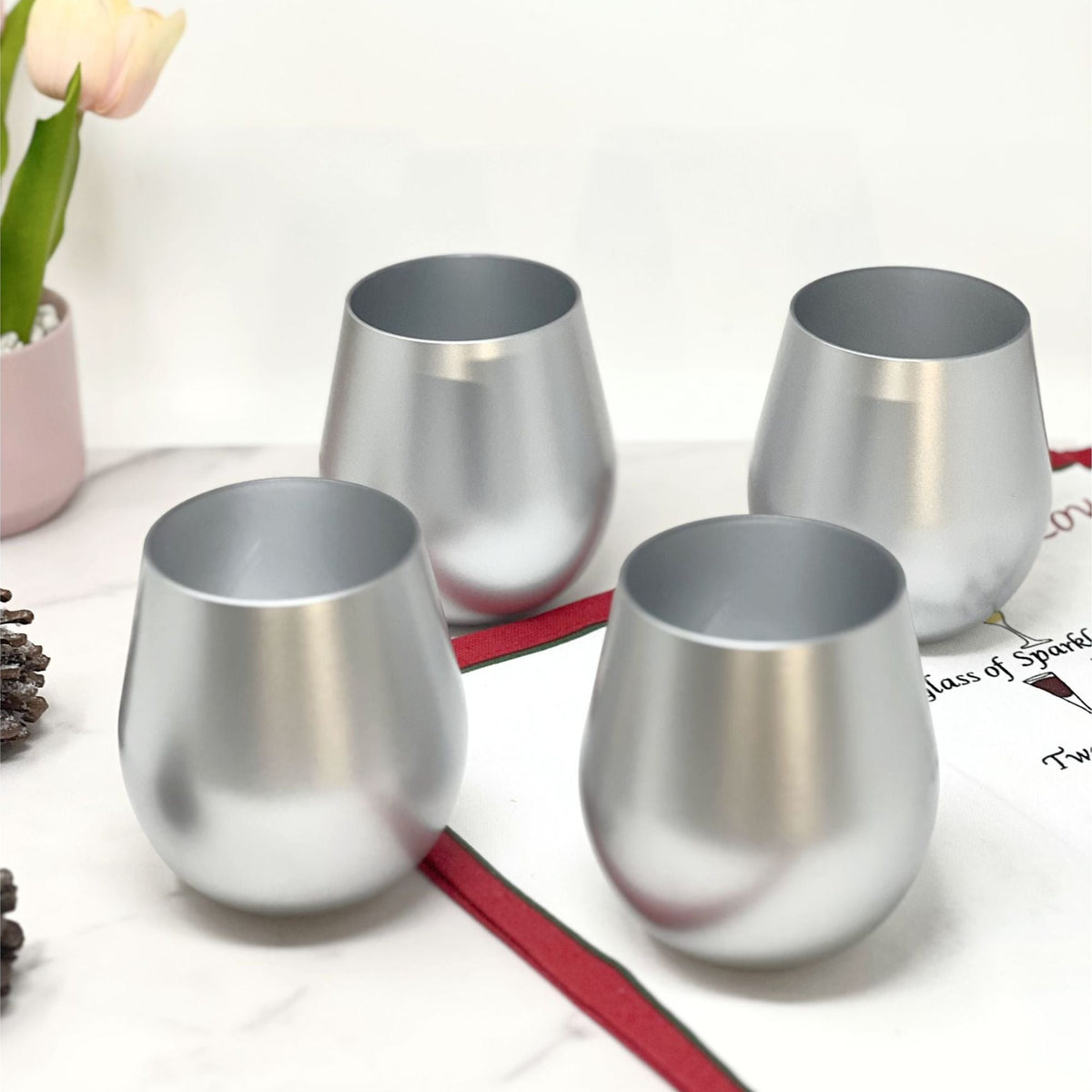 Plastic Wine Glasses Set of 4 with Unbreakable Shatterproof Design - Gold or Pearl Silver