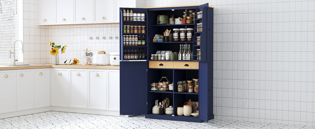 Large Freestanding Kitchen Pantry Storage Cabinet with Adjustable Shelves - Blue, Gray, White
