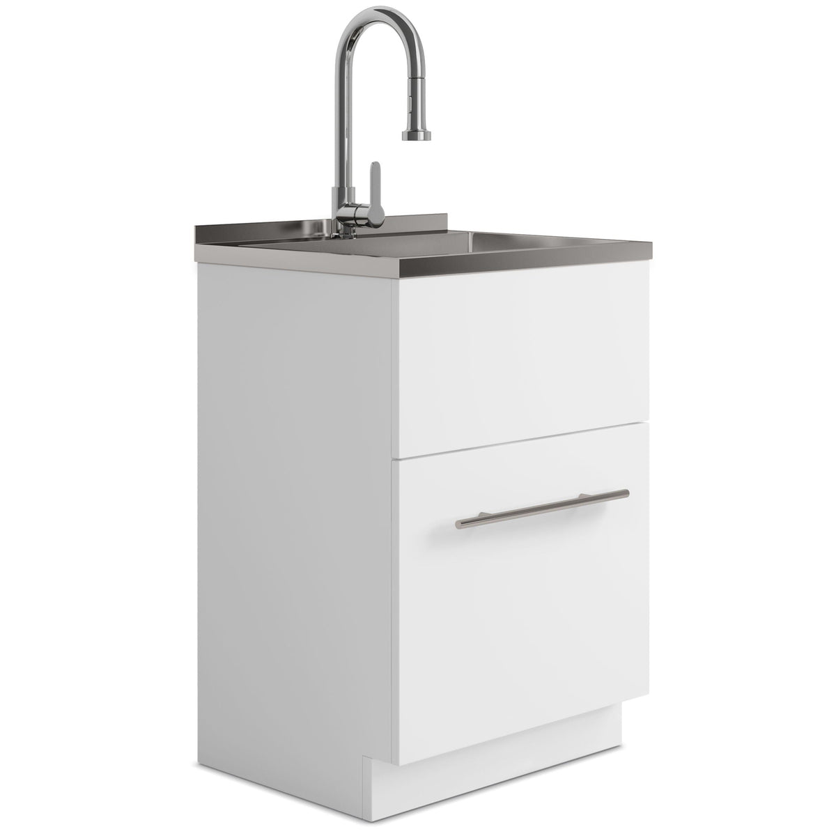 White Laundry Cabinet with Stainless Steel Sink and Faucet