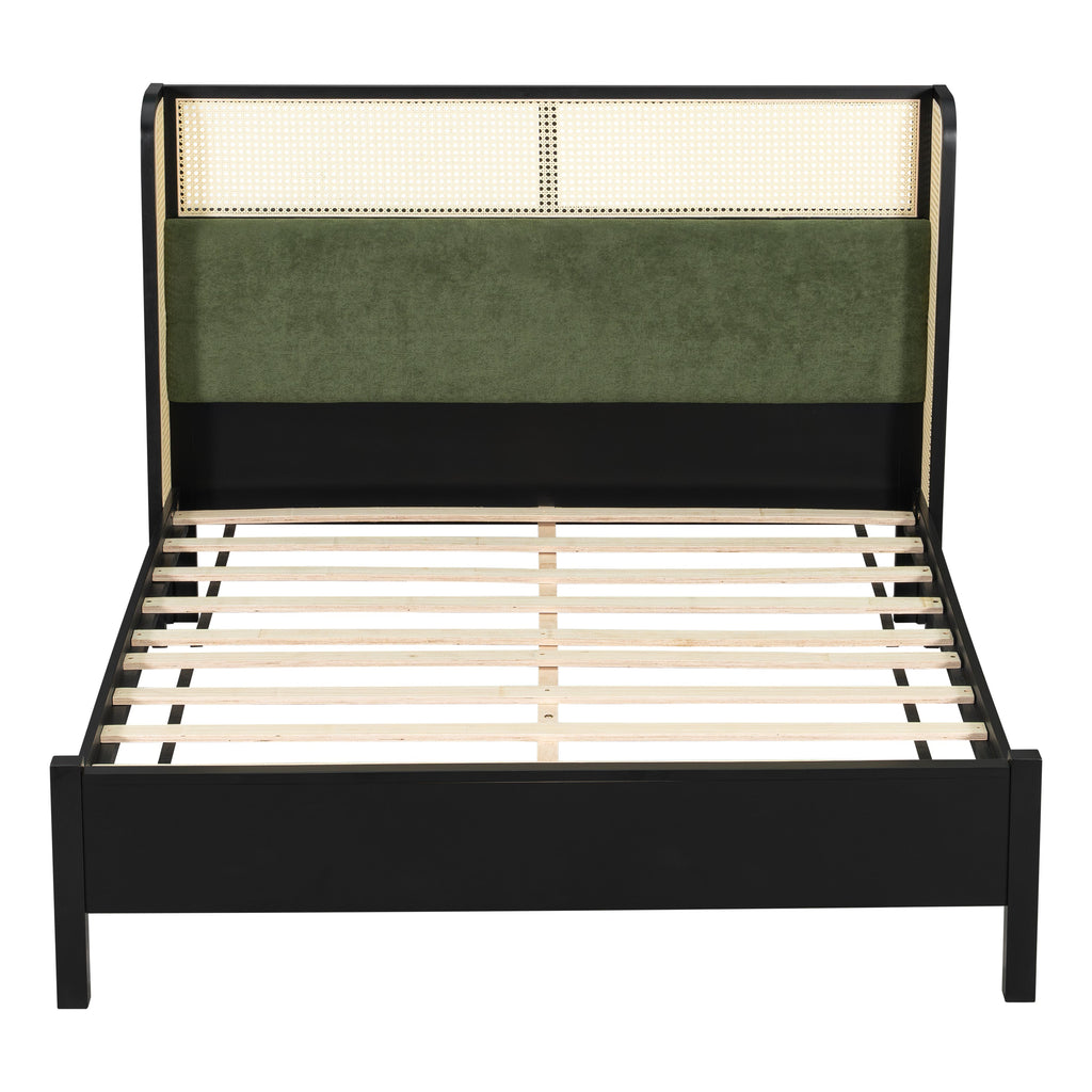 Queen Size Bed Frame with Plush Green Upholstered Headboard - Green