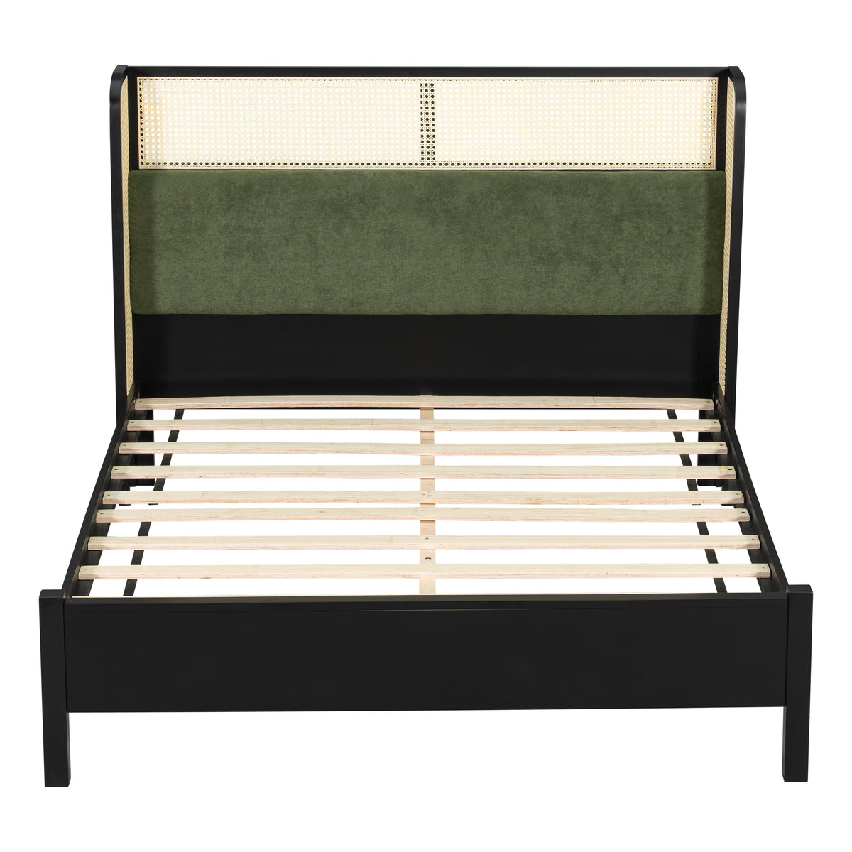 Queen Size Bed Frame with Plush Green Upholstered Headboard - Green