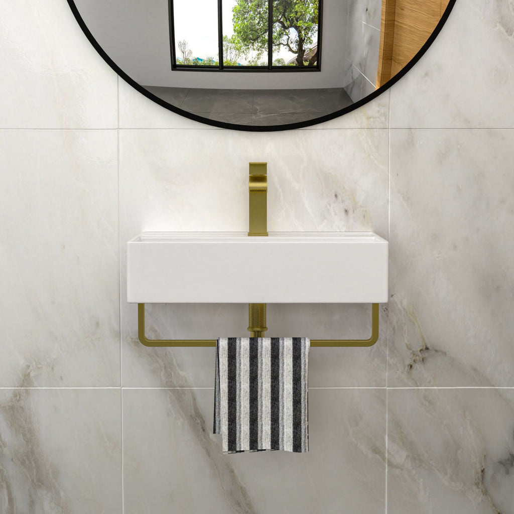 Wall Mounted Rectangular Bathroom Sink with Towel Bar - Black or Gold