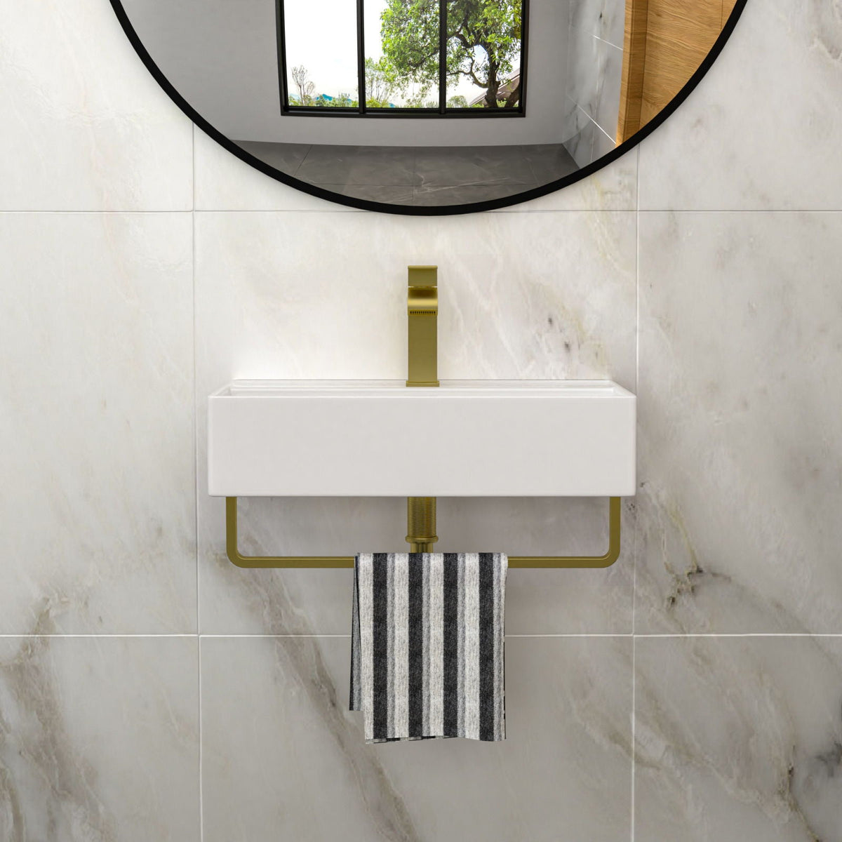 Wall Mounted Rectangular Bathroom Sink with Towel Bar - Black or Gold