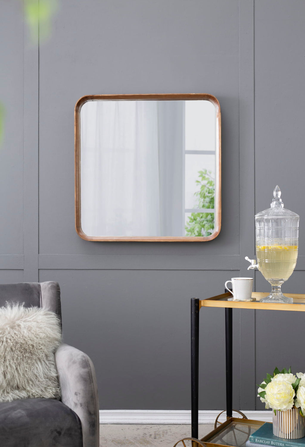 Square Mirror with Wood Frame, Minimalist Wall Mirror with Curved Edges - Brown