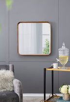 Square Mirror with Wood Frame, Minimalist Wall Mirror with Curved Edges - Brown