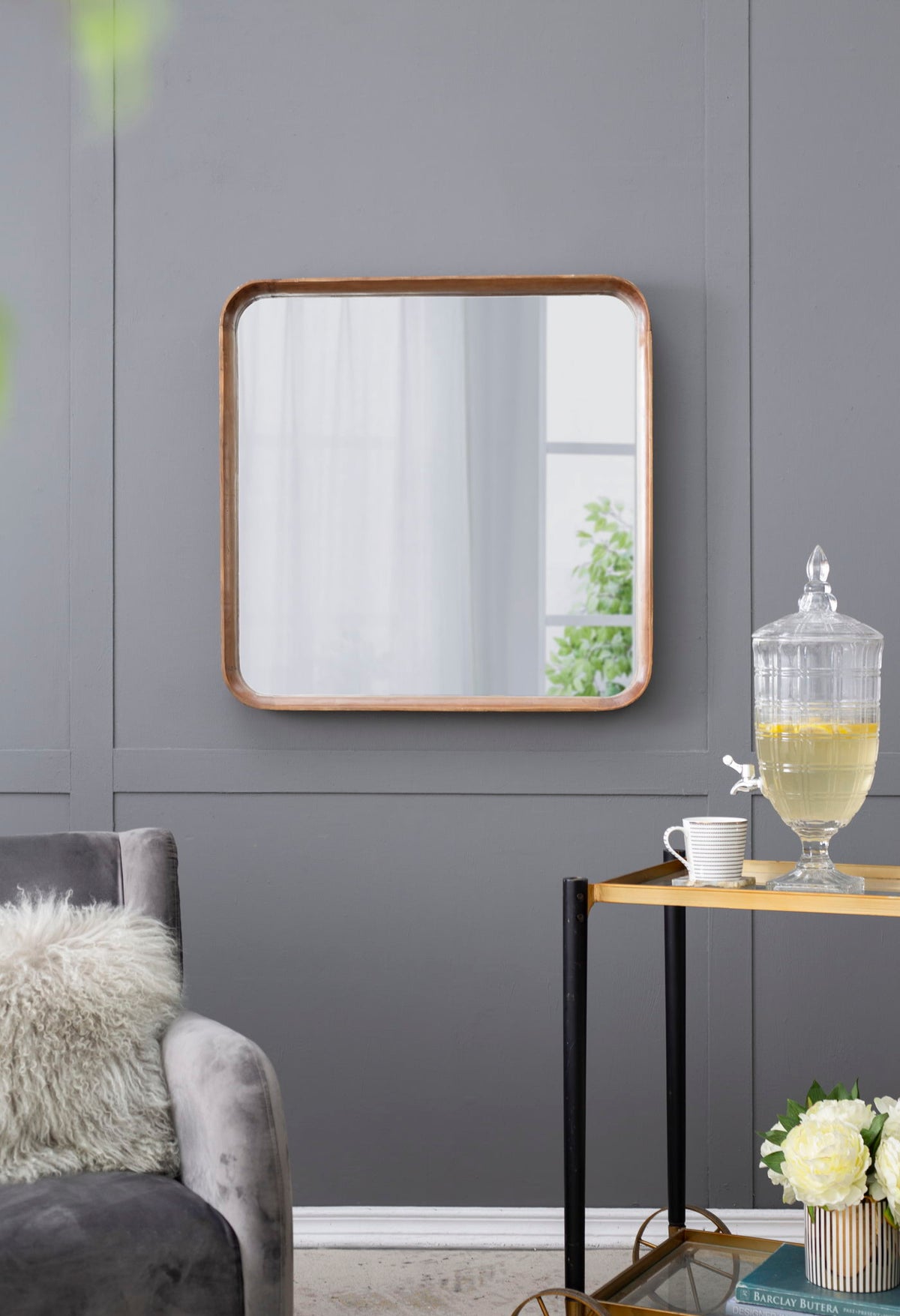 Square Mirror with Wood Frame, Minimalist Wall Mirror with Curved Edges - Brown
