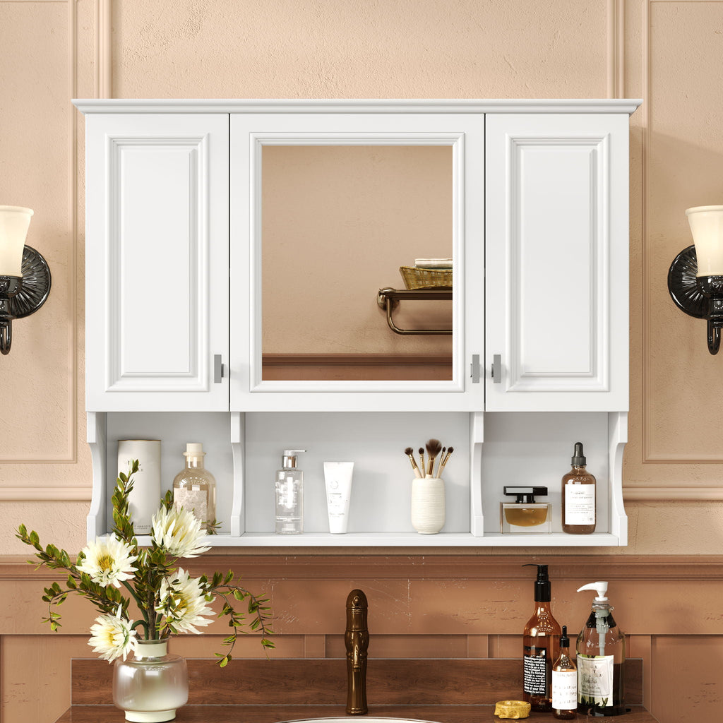 Wall Mounted Bathroom Medicine Cabinet With Mirror & Open Shelves