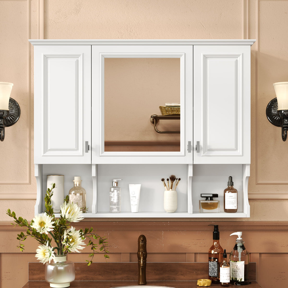Wall Mounted Bathroom Medicine Cabinet With Mirror & Open Shelves