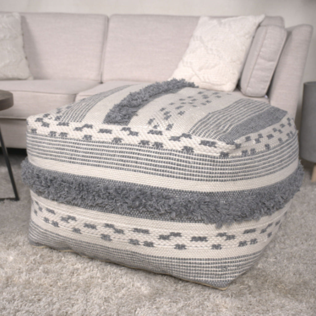 Ivory / Gray Large Faux Yarn Pouf with Polystyrene Bead Fill - Durable