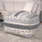 Ivory / Gray Large Faux Yarn Pouf with Polystyrene Bead Fill - Durable