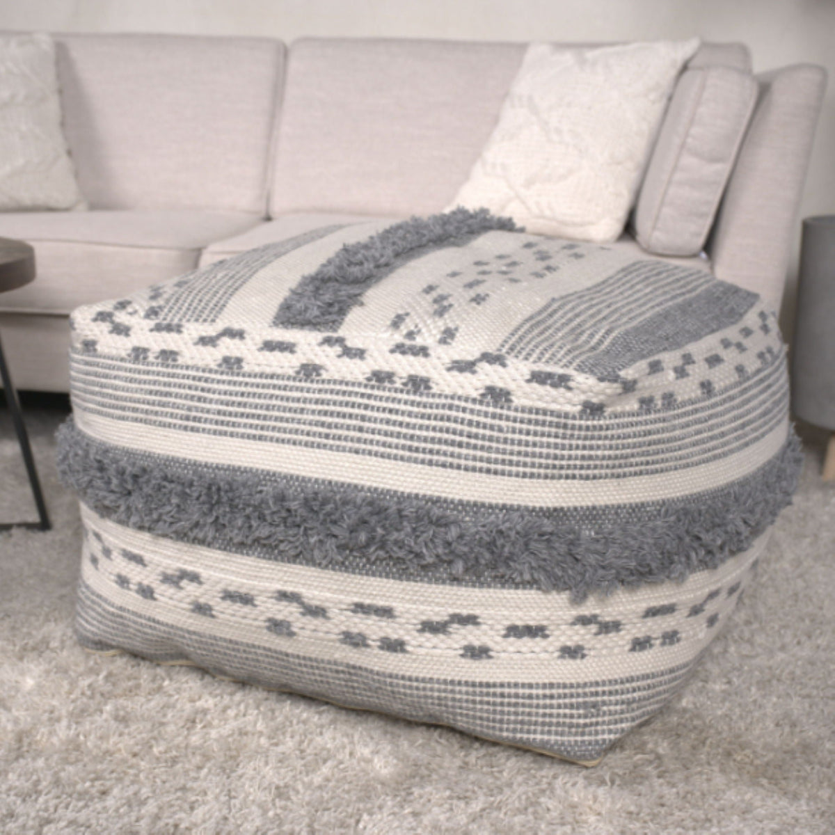 Ivory / Gray Large Faux Yarn Pouf with Polystyrene Bead Fill - Durable