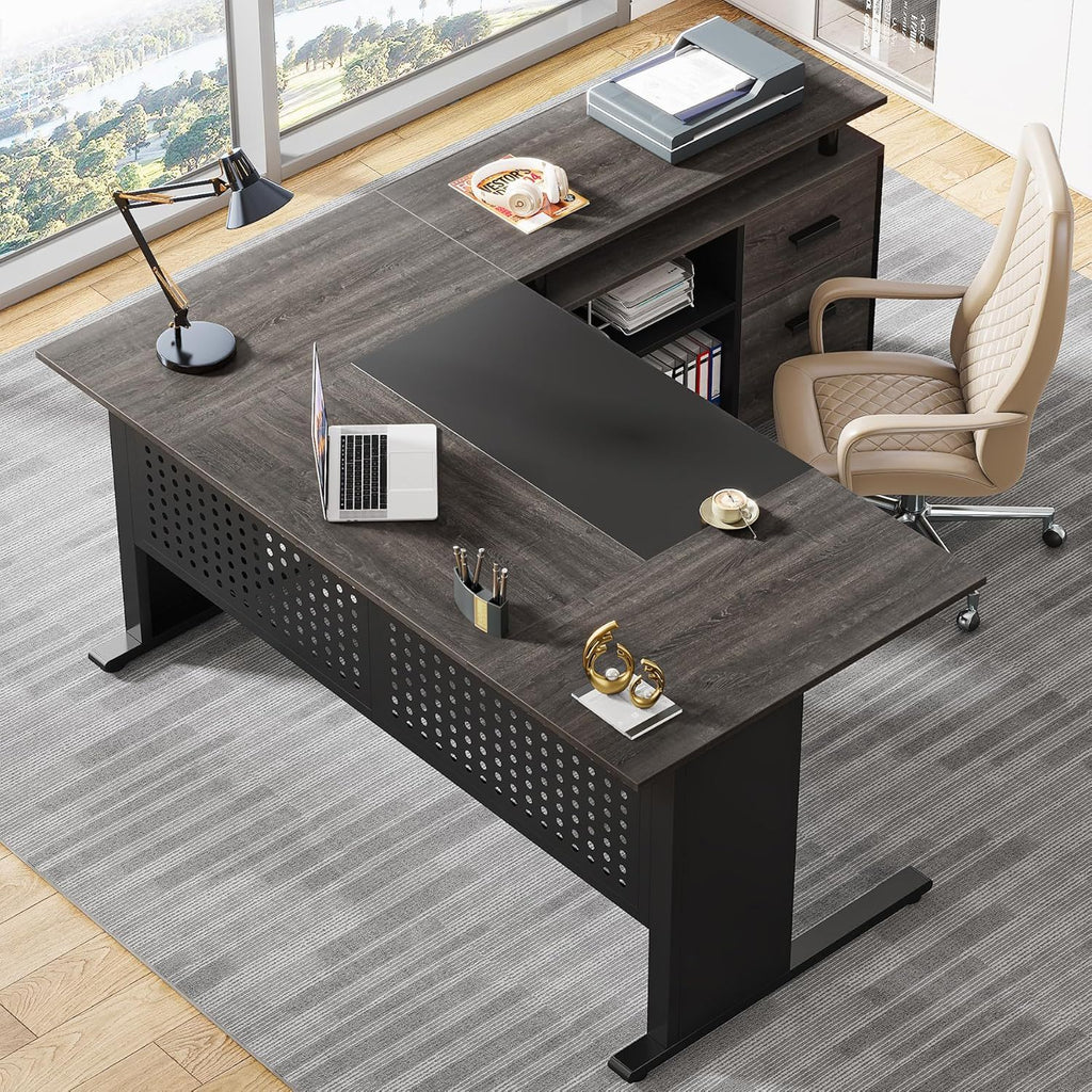 L-Shaped Executive Desk with File Cabinet and Storage Drawers - Light Brown or Dark Gray