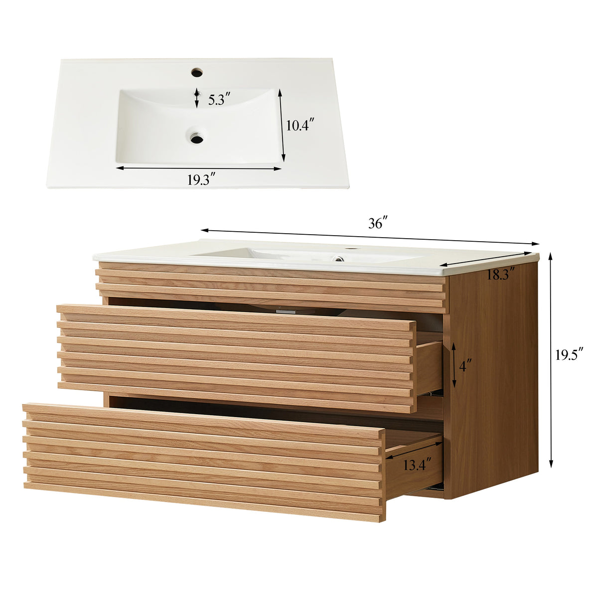 36" Wall Mounted Floating Single Vanity Cabinet with Ceramic Top - White