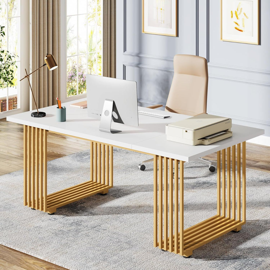 White Executive Desk with Gold Metal Legs - 70.87" Wide