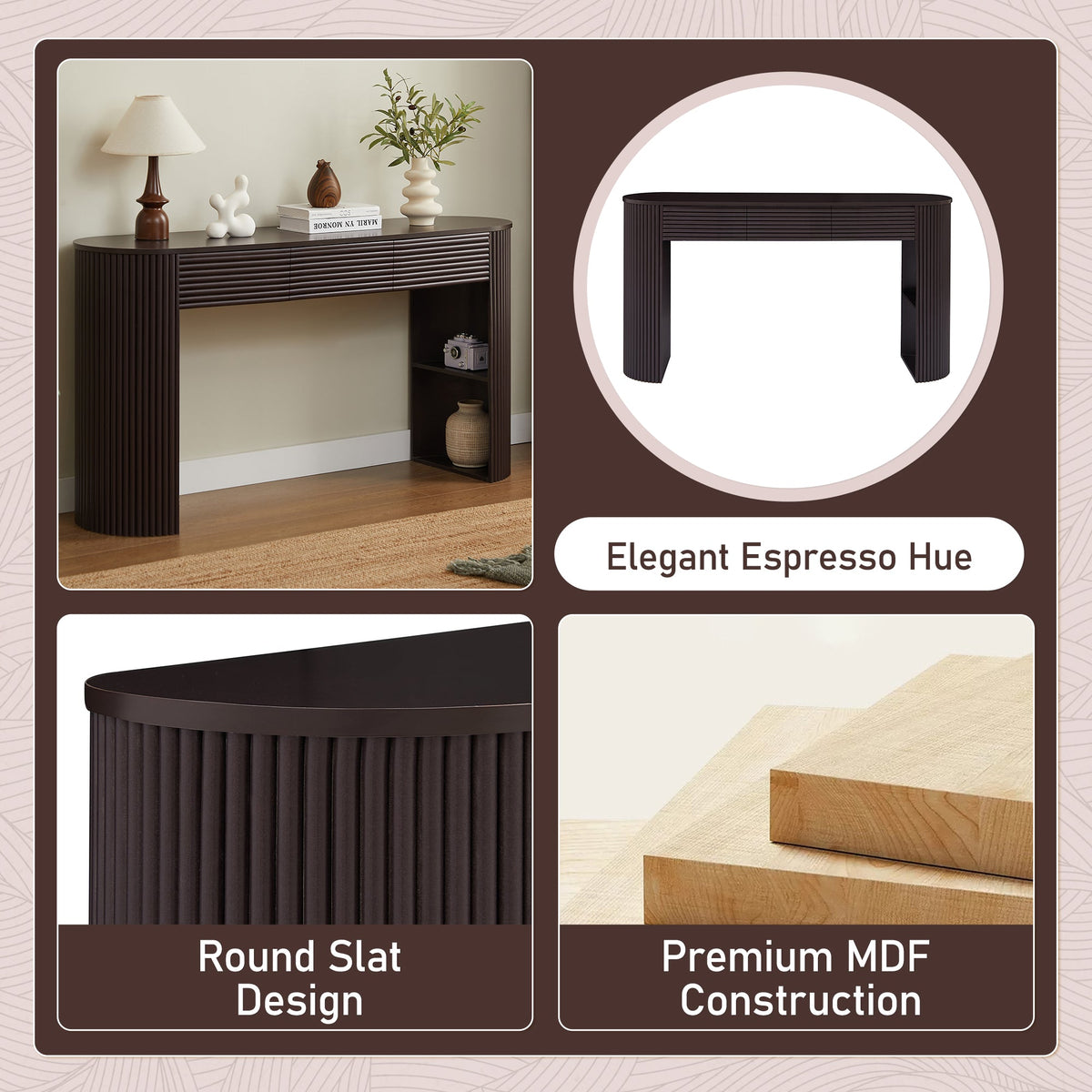 Retro Console Table with Storage and 3 Drawers - Espresso or Natural