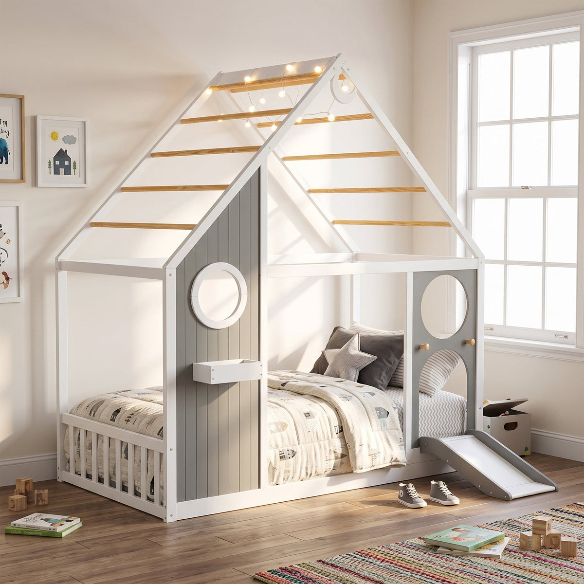 Twin House Bed with Slide and Ball Light Strip - Gray