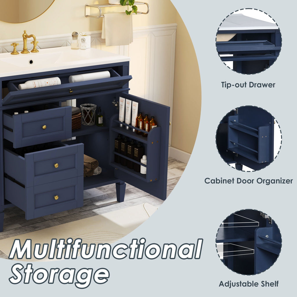 Blue Bathroom Vanity with Top Sink and Ample Storage - 36" Wide