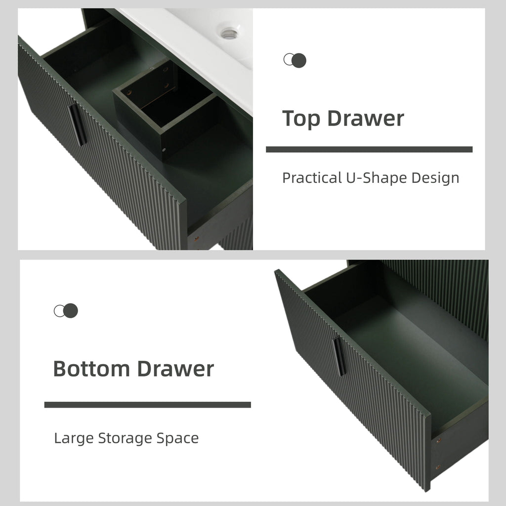 Bathroom Vanity With Ceramic Sink and Fluted Design - Dark Green, White, Light Brown