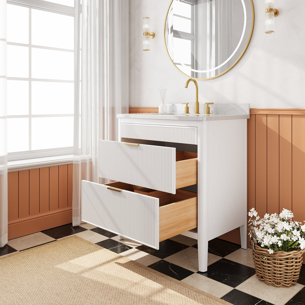 Fully Assembled 30'' Bathroom Vanity with Engineered Marble Top - White
