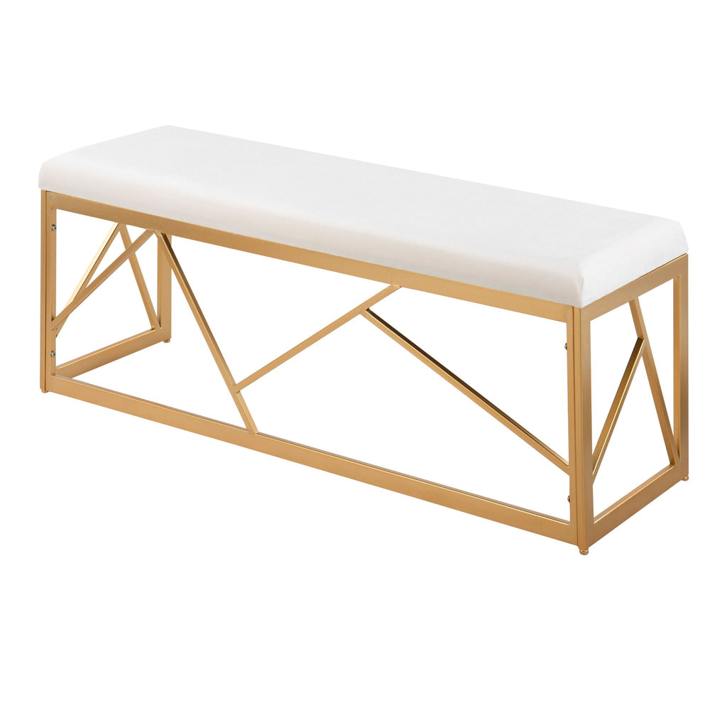 Glam Upholstered Bench with Geometric Metal Frame - White or Gray