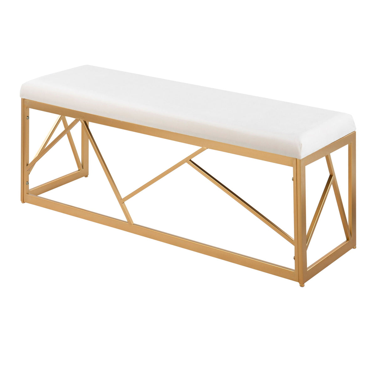 Glam Upholstered Bench with Geometric Metal Frame - White or Gray
