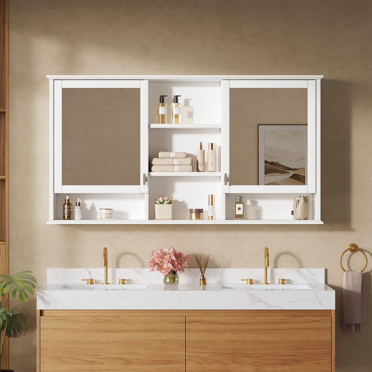 Wall Mount Mirror Cabinet with Adjustable Shelves - White