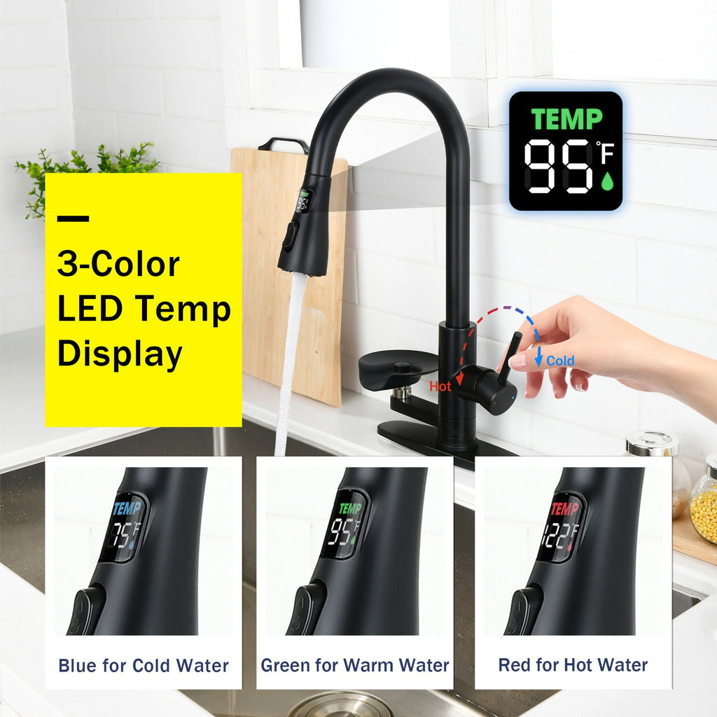 3-in-1 Kitchen Faucet with LED Temperature Display - Matte Black