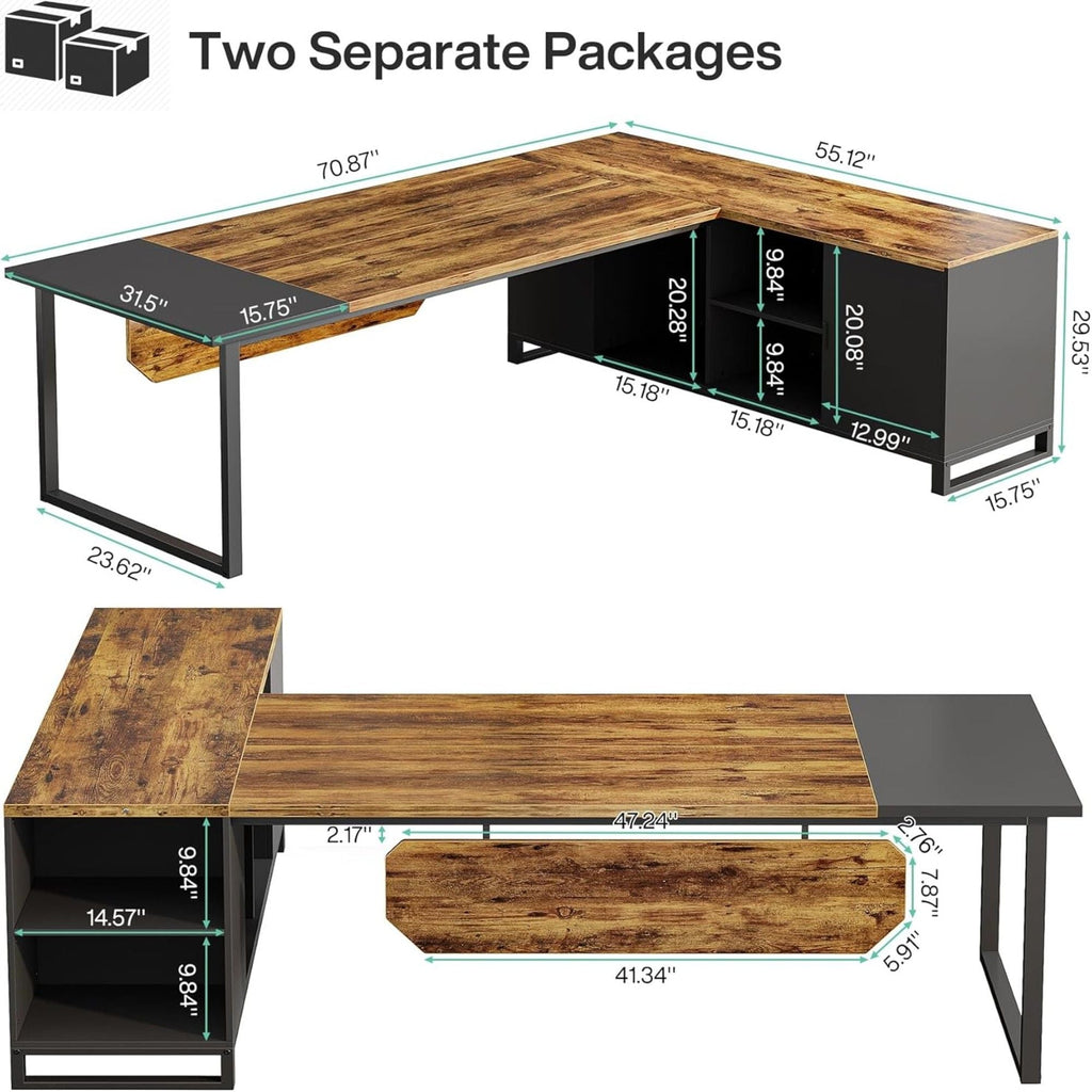 L-Shaped Executive Desk with File Cabinet and Storage - Light Brown or Dark Gray