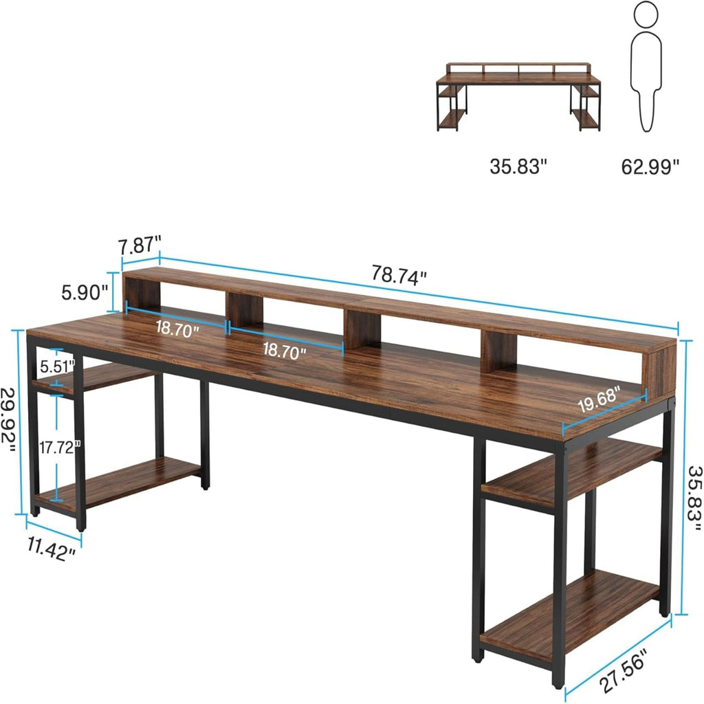 2 Person Desk with Monitor Stand and Dual Storage - Brown / Black
