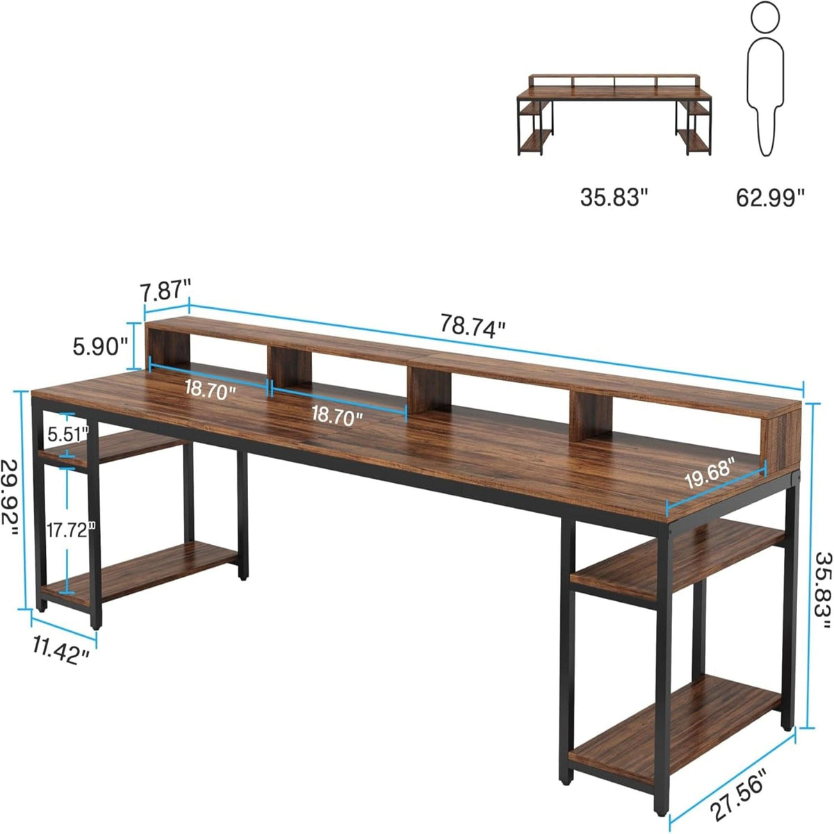 2 Person Desk with Monitor Stand and Dual Storage - Brown / Black