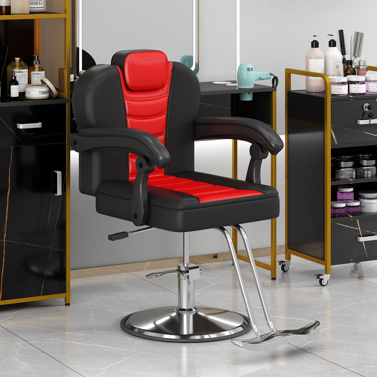 Classic Reclining Barber Chair with Hydraulic Pump - Red or Black