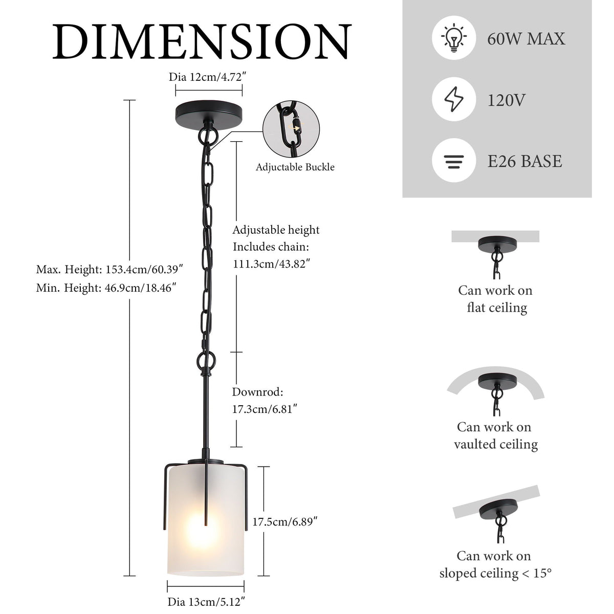 Adjustable Cylindrical Pendant Light with Frosted Glass Shade - Black or Gold